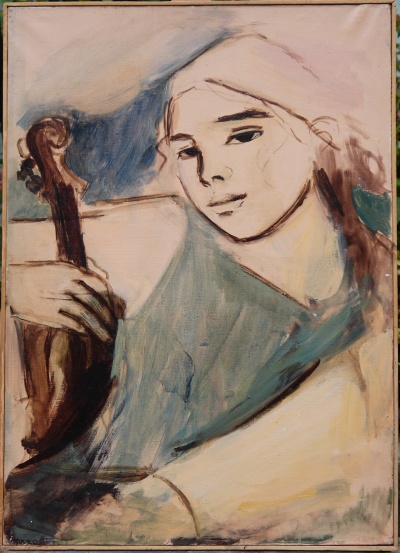 Ragazza con violino<br>olio su tela<br>50x70   08-1978<br>
				(349)